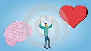 Man connecting brain and heart. Dimension 16:9. Vector illustration.