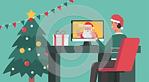 Man connecting online and video calling to Santa Claus on a computer