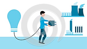 Man connecting power plug to regular energy sources, business character vector illustration on white background