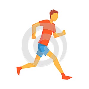 Man Conserving Energy For Marathon Run, Male Sportsman Running The Track In Red Top And Blue Short In Racing Competition photo