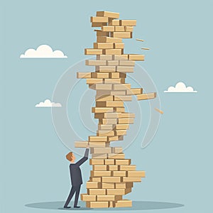 Man Constructing Tower of Wooden Blocks