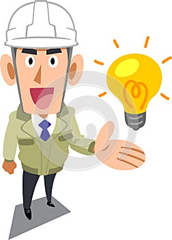 A man in a construction shop wearing a helmet introducing ideas