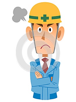 Man in construction site in blue work clothes gets angry