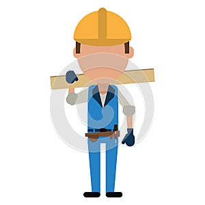 Man construction wooden board and tool belt