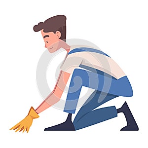 Man Construction Worker Character in Blue Overall Engaged in Roof Repair Vector Illustration