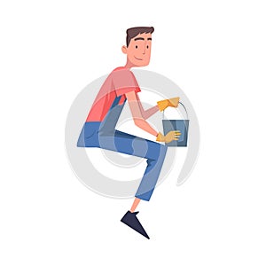 Man Construction Worker Character with Bucket Engaged in Roof Repair Vector Illustration