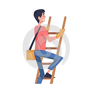 Man Construction Worker Character Climbing Ladder Engaged in Roof Repair Vector Illustration