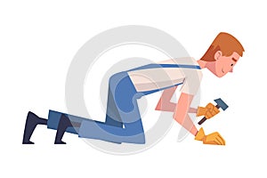 Man Construction Worker Character with Hammer Engaged in Roof Repair Vector Illustration