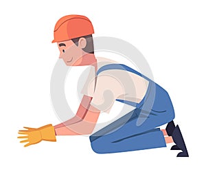 Man Construction Worker Character in Hard Hat Engaged in Roof Repair Vector Illustration