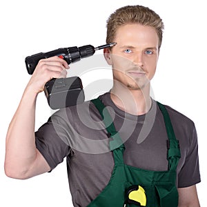 Man construction worker with electric screwdriver