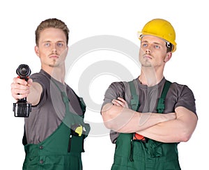 Man construction worker with electric screwdriver