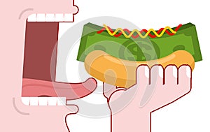 Man consumes money. Cash hot dog. Muffin and dollars pack. Fast