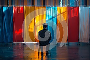 Man contemplating colorful voting booths