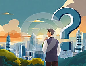 Man contemplating decisions while gazing at cityscape with large question mark symbolizing uncertainty