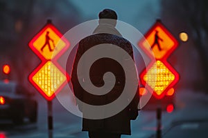 Man Contemplating by Pedestrian Crossing Lights.