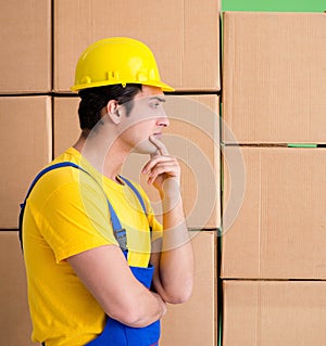 Man contractor working with boxes delivery