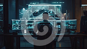 Man at Control Center Analyzing Data on Multiple Screens, Generative AI