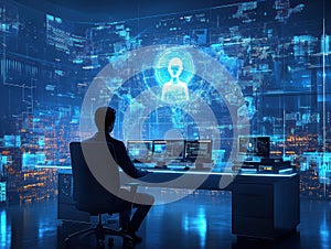 Man in control room, data visualization, global network, cityscape background