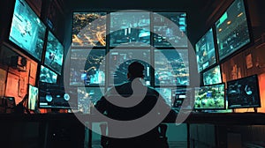 Man in control room monitors cybersecurity data with multiple screens in modern high-tech urban surveillance setting at night
