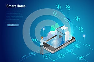 Man control smart home devices on smartphone with fingerprint security access. Intelligent wireless home technology online