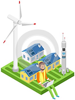 Man controls energy supply at home uses computer. Technology for remote controlling smart home