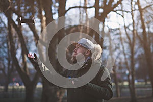 Man controls flying drones