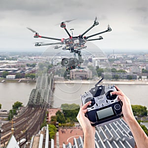 Man controls the flying drones