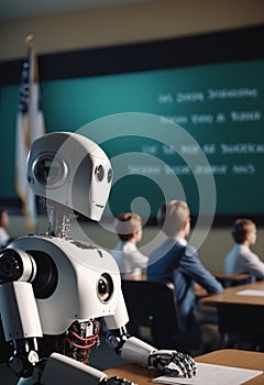 A man converses with a robot at a table in an office setting