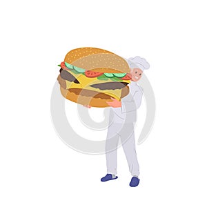 Man cook master chef cartoon character wearing uniform holding giant tasty burger fast food