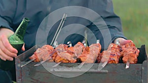 Man Cooking Barbecue Grill Meat Outdoors