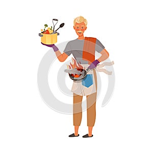 Man cooking in the kitchen. Househusband doing daily routine cartoon vector illustration