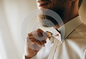 Man corrects the butterfly closeup man`s chest wearing white shirt, adjusting bowtie using hands, face partly visible