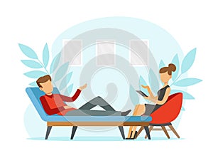 Man on Couch at Appointment with Psychologist Talking About His Problem Vector Illustration