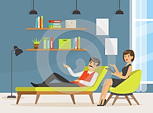 Man on Couch at Appointment with Psychologist Vector Illustration