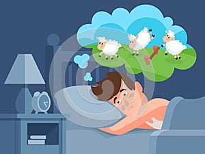 Man counts sheep to sleep. Insomnia cartoon vector illustration