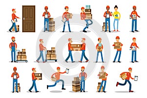 Man Courier and Freight Mover in Uniform Delivering Cardboard Boxes Vector Set