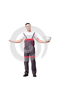 The man in coveralls isolated on white