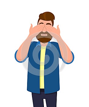 Man covering/closing his eyes with hands and making a don`t see gesture. Man does not want to see. Concept illustration in .