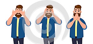 Man covering eyes, ears and mouth with hands as looking like the three wise monkeys. Don`t see, don`t hear and don`t speak.