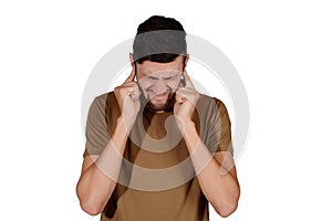 Man covering his ears.