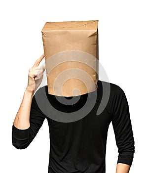 Man covering his head using a paper bag. Man thinking