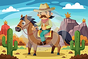 A man in cowboy attire rides a horse through a sandy desert landscape under a clear blue sky, Cowboy on horse Customizable Cartoon