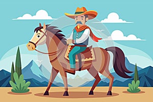 A man in cowboy attire riding on the back of a brown horse in a field, Cowboy on horse Customizable Disproportionate Illustration