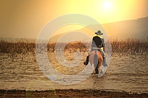 A man in cowboy costume on his horse in a corner against the sun against a background with rivers and mountains