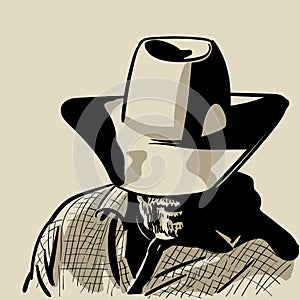 Man with cowboy hat and checkered shirt. Western. Portrait. Digital Sketch Hand Drawing Vector.