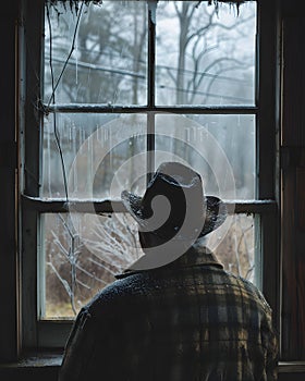 A man in a cowboy hat gazes out a window of a building