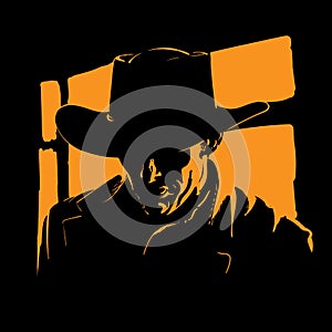 Man with cowboy hat silhouette in backlight. Vector. Illustration. photo