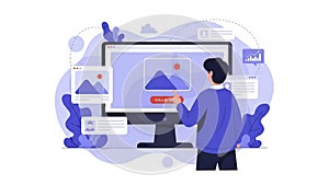 Man creating and managing content on a computer screen