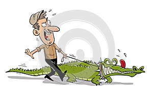 Man with crocodile pet walking down the road