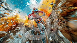 a man with a cross bike in an action scene, in the style of digital painting